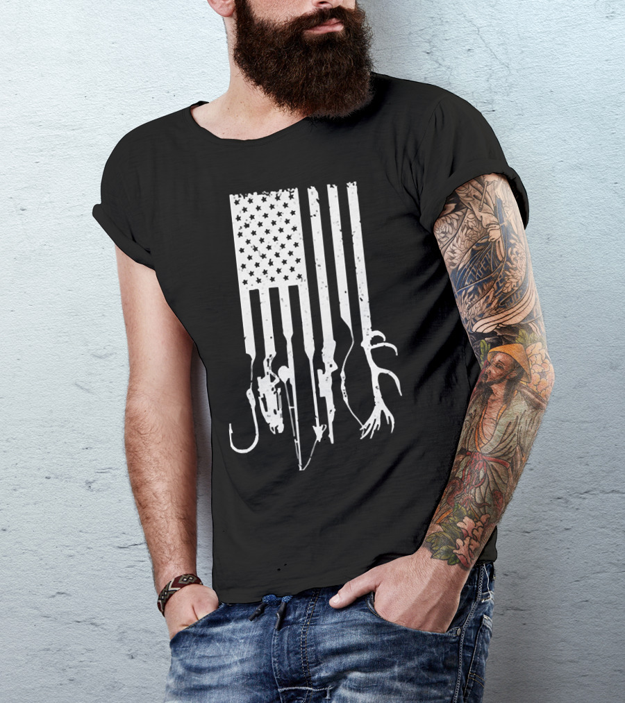 American Flag With Fishing Hooks And Hunting Gear T-Shirt