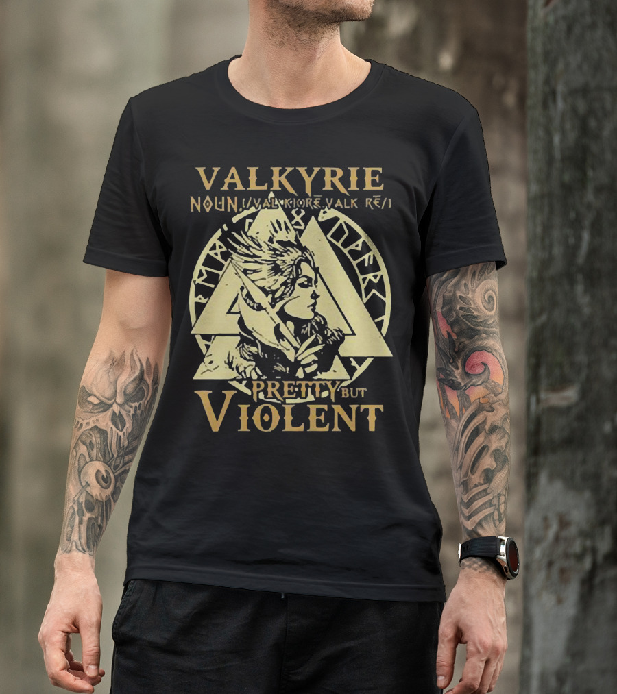 VALKYRIE NOUN PRETTY BUT VIOLENT WITH NORSE RUNES BACKGROUND T-Shirt