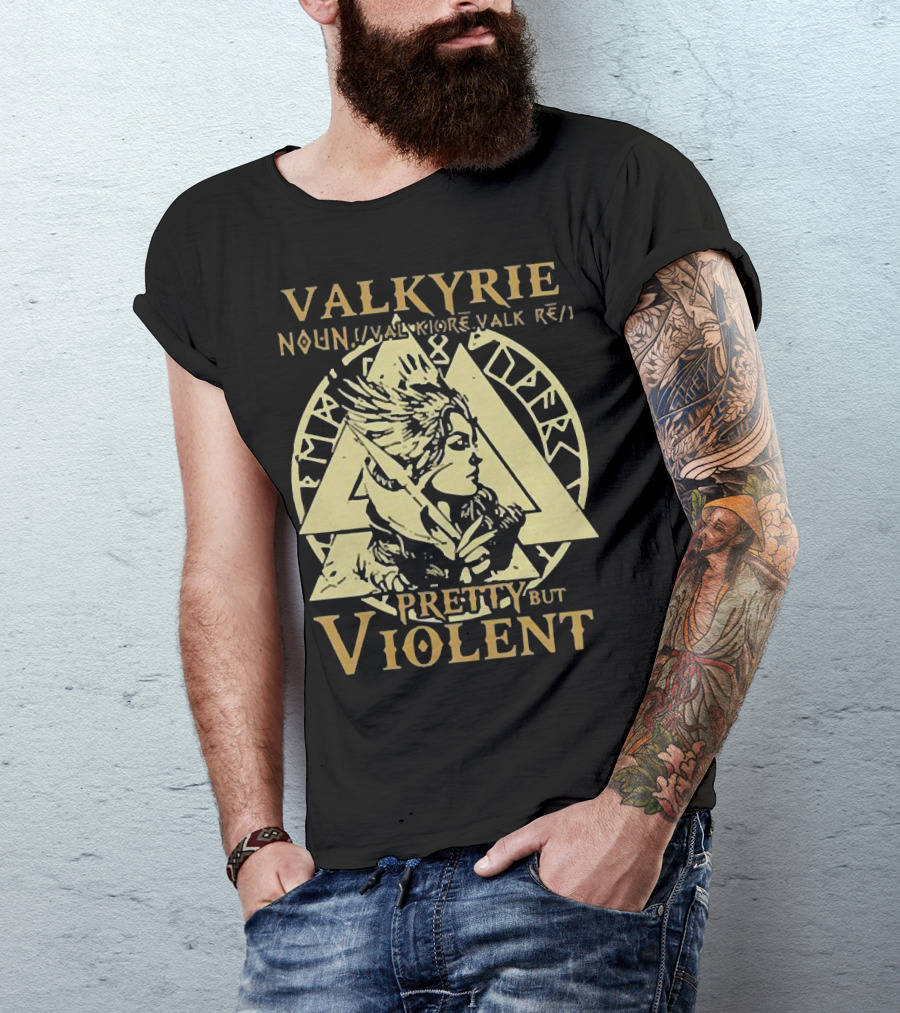 VALKYRIE NOUN PRETTY BUT VIOLENT WITH NORSE RUNES BACKGROUND T-Shirt