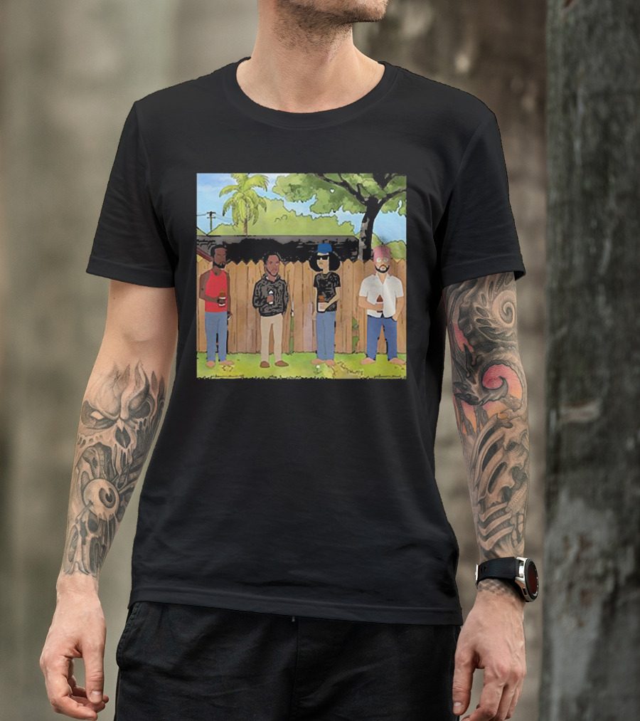 King Of The Hill Treatment With Four Men By Fence With Beverages And Trees T-Shirt