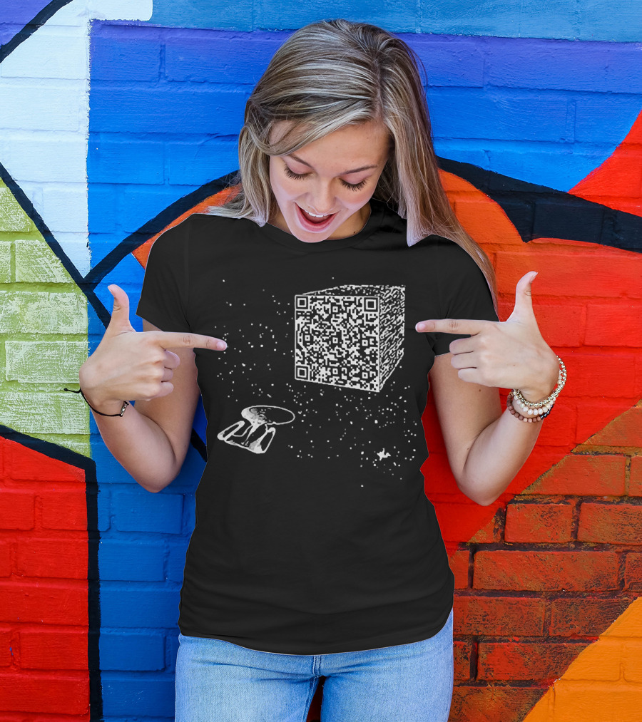 Scan QR Code Spaceship And Cube In Space T-Shirt