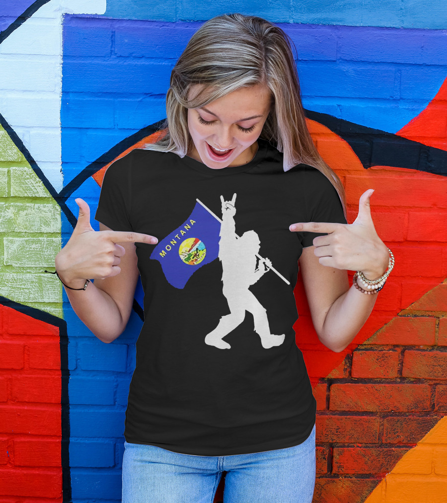 Bigfoot Holding Montana State Flag Middle Finger Gesture T-Shirt