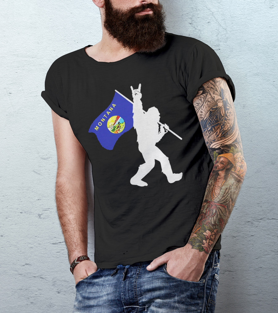 Bigfoot Holding Montana State Flag Middle Finger Gesture T-Shirt
