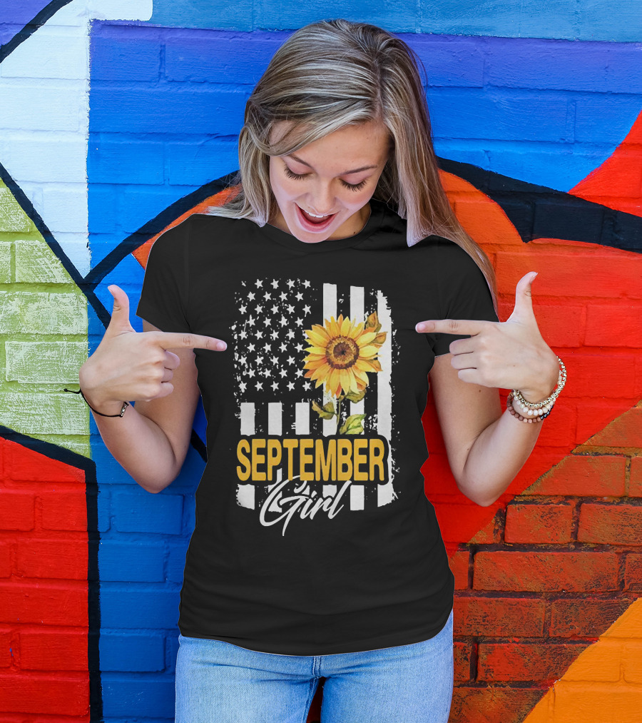 September Girl Sunflowers With American Flag T-Shirt