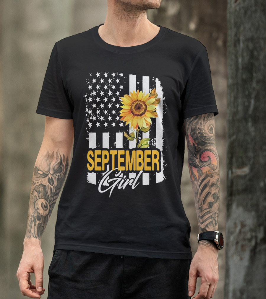 September Girl Sunflowers With American Flag T-Shirt