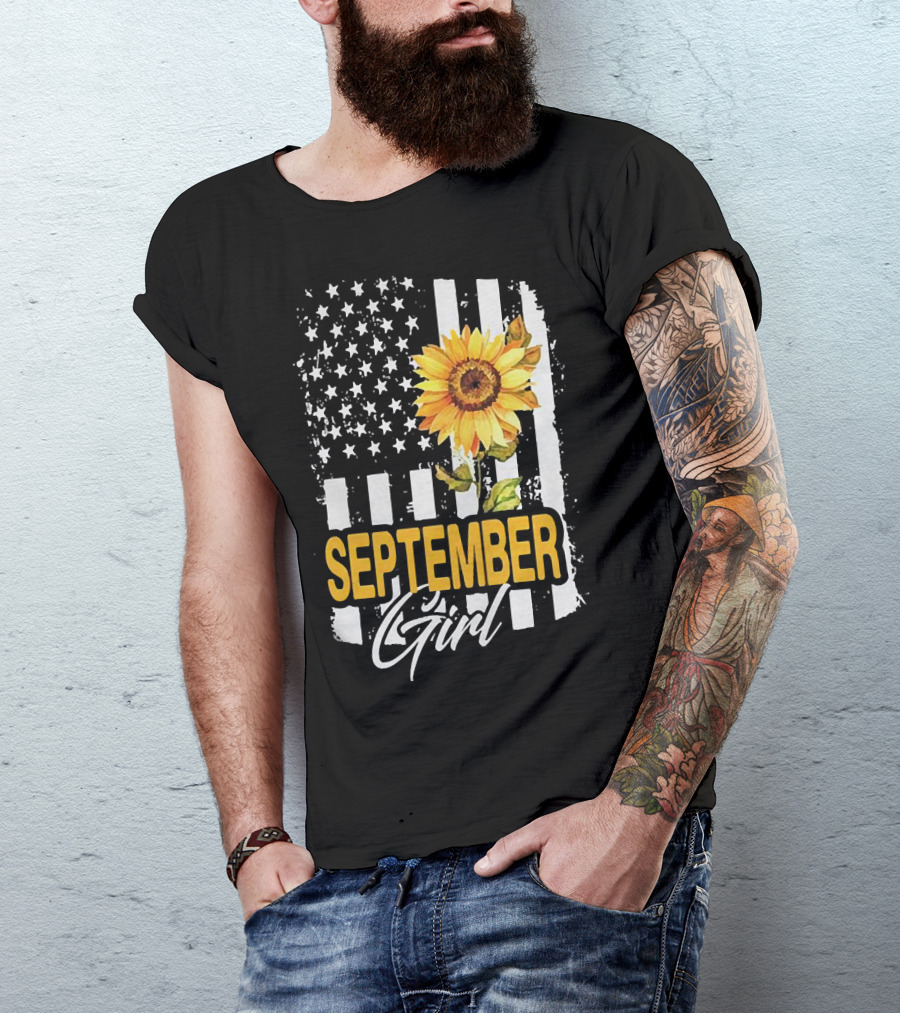 September Girl Sunflowers With American Flag T-Shirt