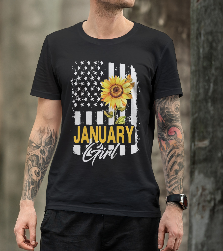 Sunflowers January Girl American Flag T-Shirt