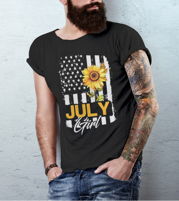 July Girl Sunflower American Flag T-Shirt
