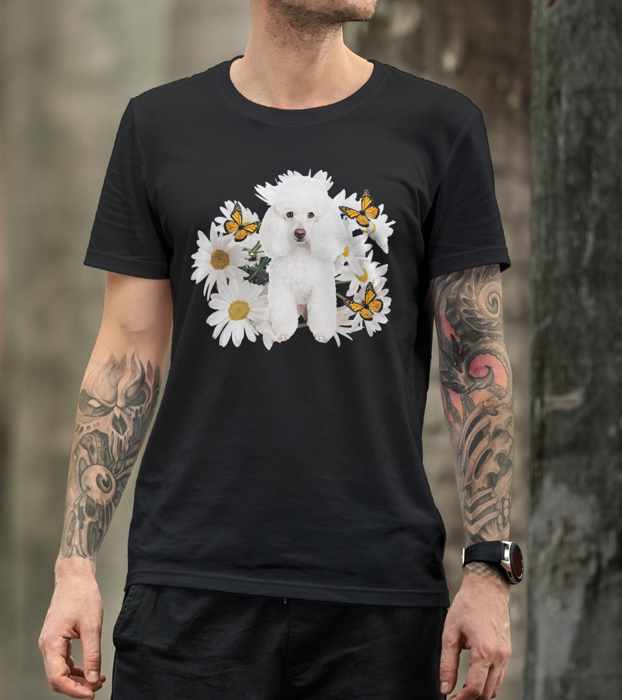 French Poodle Daisy With Butterflies And Flowers T-Shirt