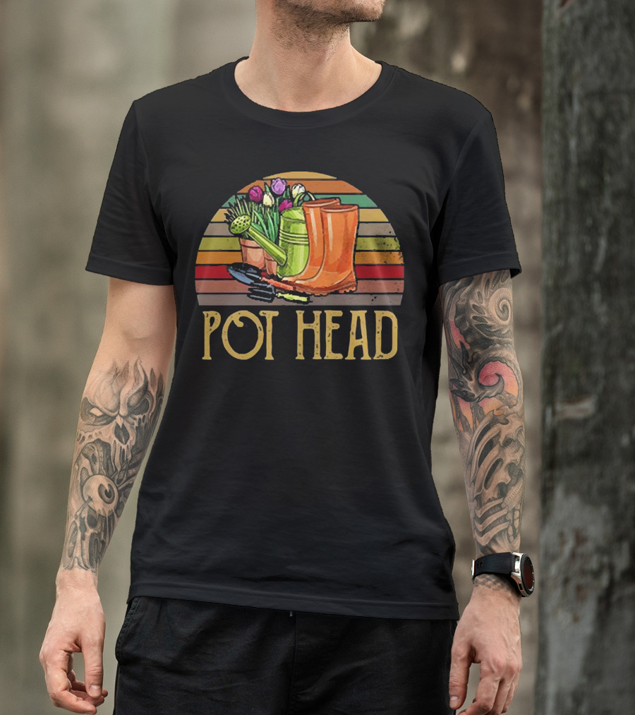 Pot Head Gardening Boots Watering Can Flowers Sunset Stripes T-Shirt