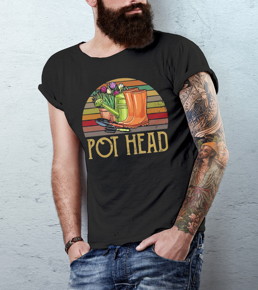Pot Head Gardening Boots Watering Can Flowers Sunset Stripes T-Shirt