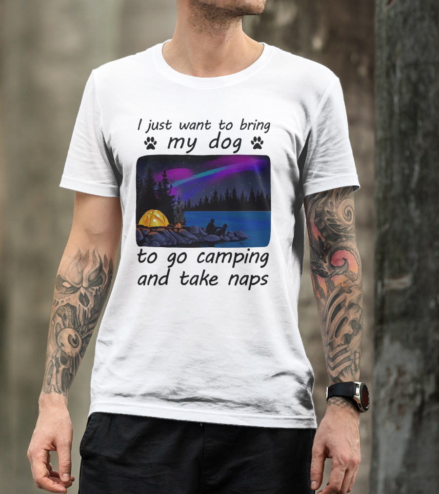 I Just Want To Bring My Dog To Go Camping And Take Naps With Aurora Borealis And Tent By Lake T-Shirt