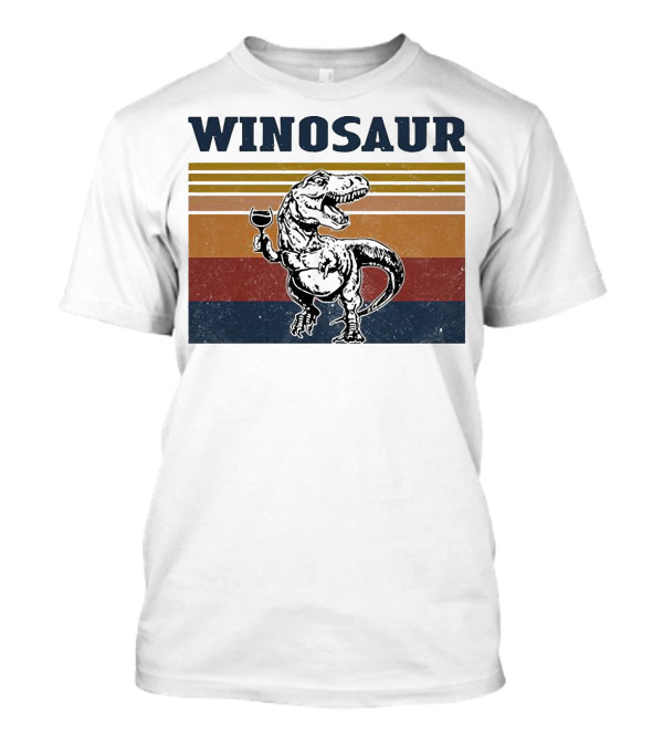 WINOSAUR T-Rex Drinking Wine Retro Stripes T-Shirt