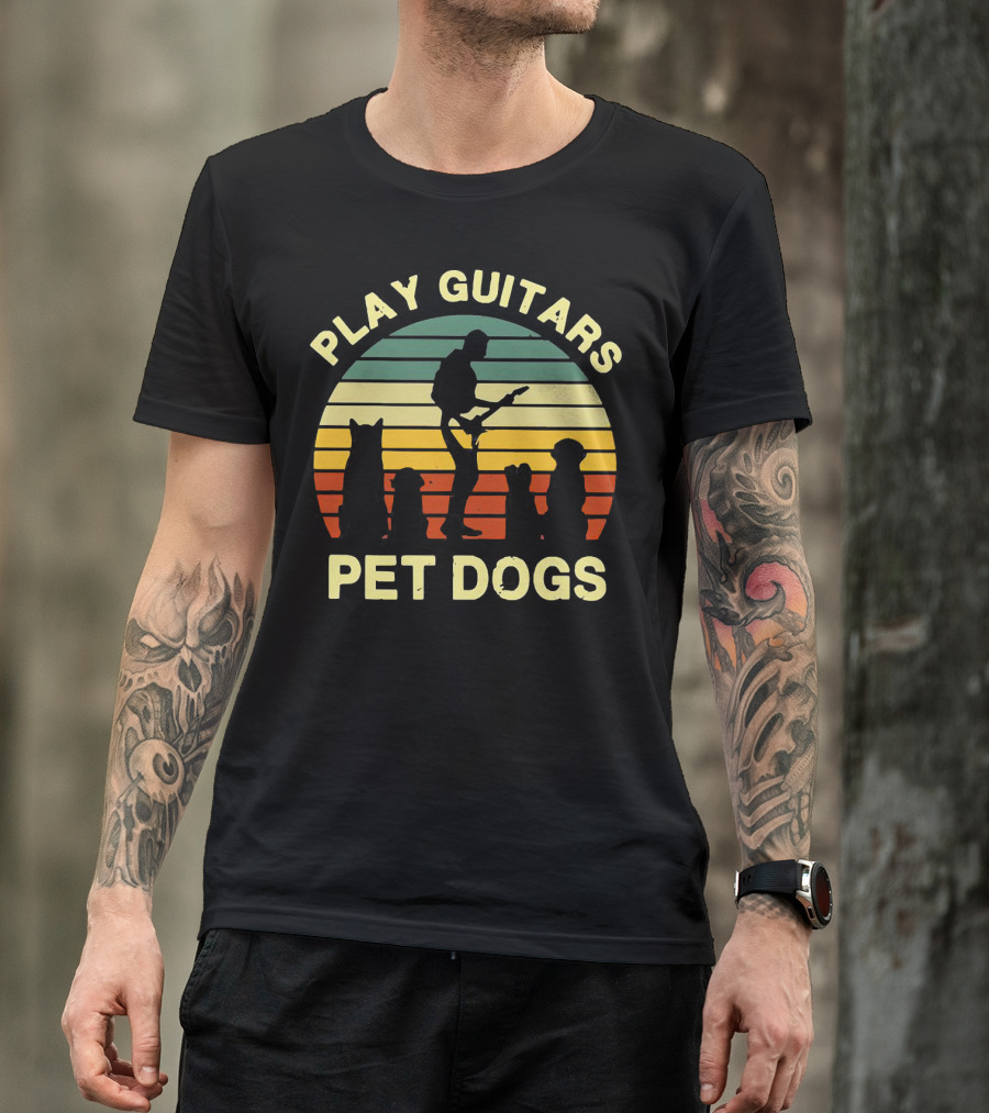 Play Guitars Pet Dogs Sunset Silhouette With Musician And Dogs T-Shirt