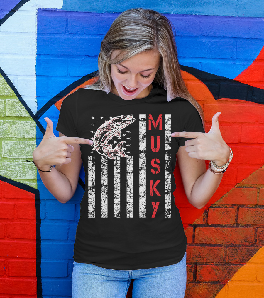Musky Fishing Distressed Flag With Musky Catch And Stars T-Shirt