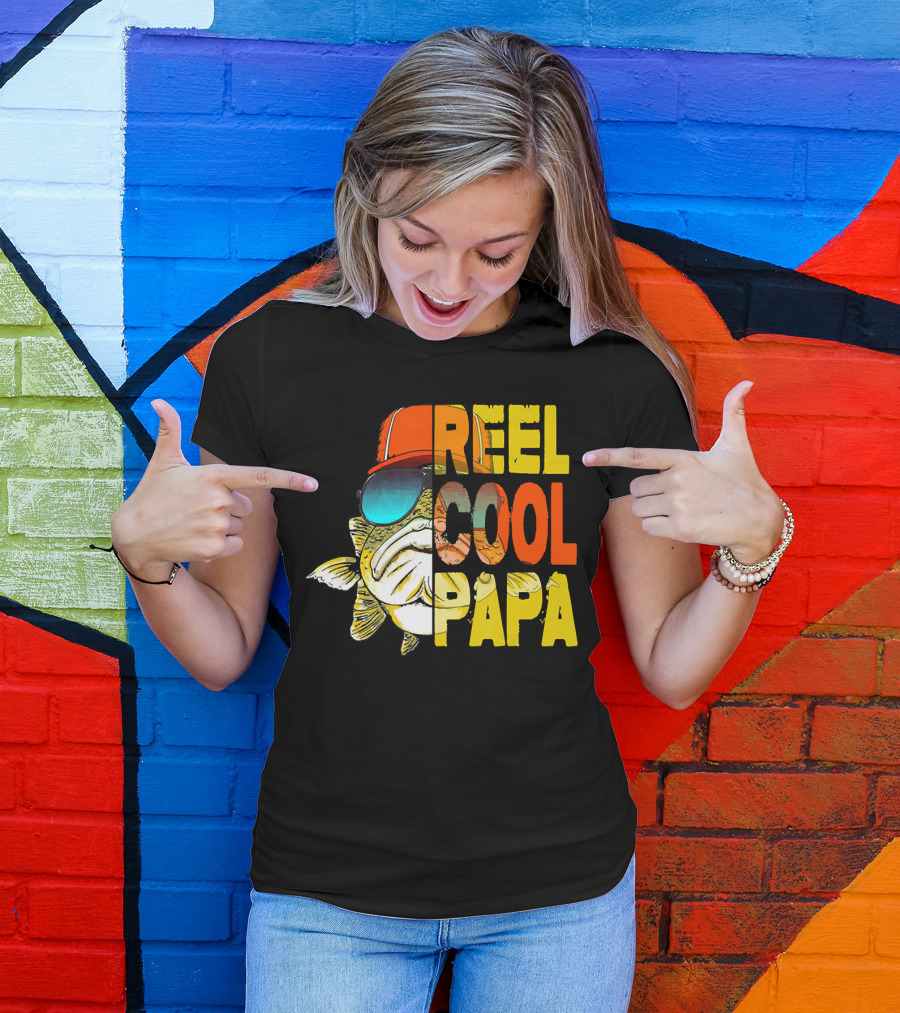 Fathers Day Fishing Reel Cool Papa Fish Wearing Hat Sunglasses T-Shirt