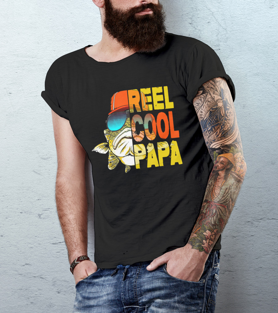 Fathers Day Fishing Reel Cool Papa Fish Wearing Hat Sunglasses T-Shirt