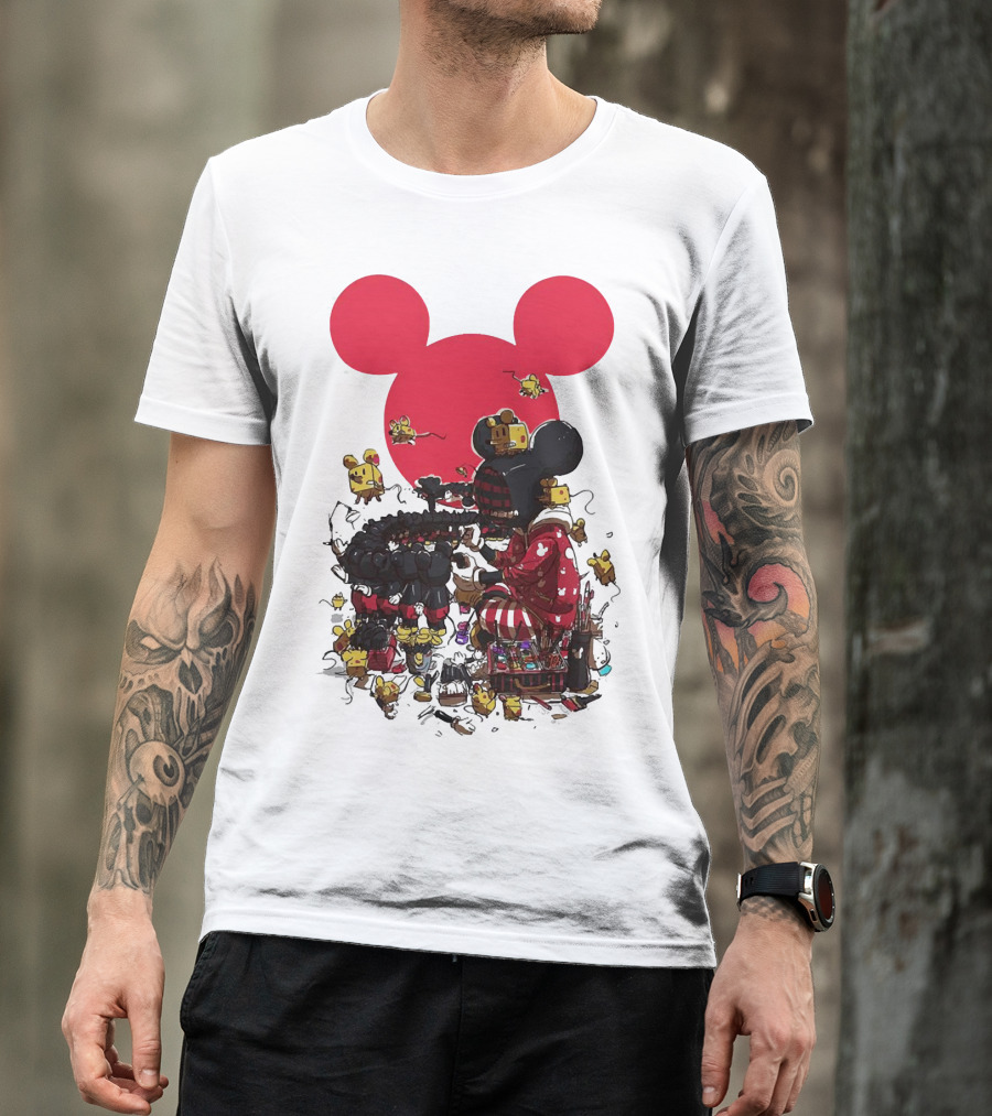 Mickey Mouse Red Circle Artist Scene With Small Characters T-Shirt