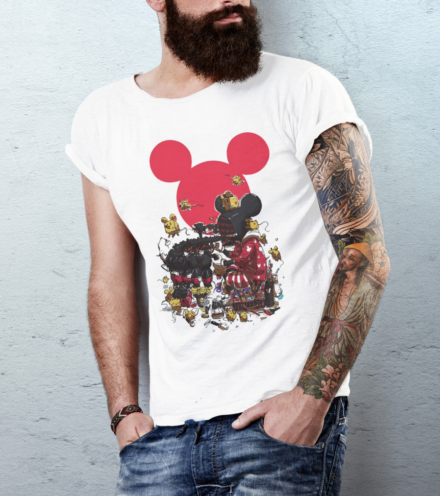 Mickey Mouse Red Circle Artist Scene With Small Characters T-Shirt