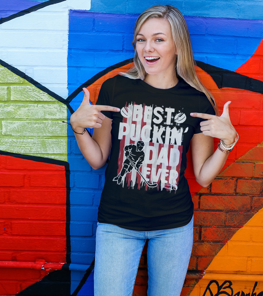 Best Puckin Dad Ever Hockey American Flag Player T-Shirt