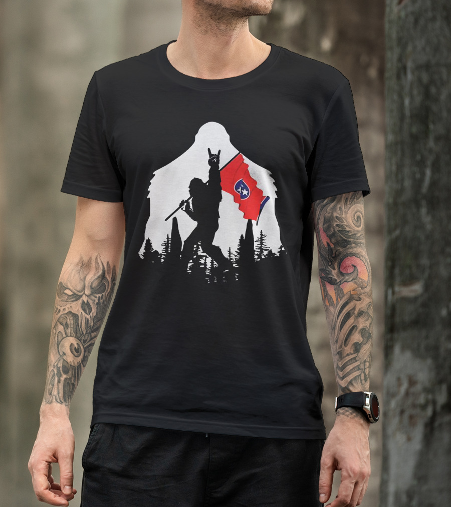 Bigfoot Silhouette With Rock And Roll Pose Holding Tennessee Flag In Forest T-Shirt