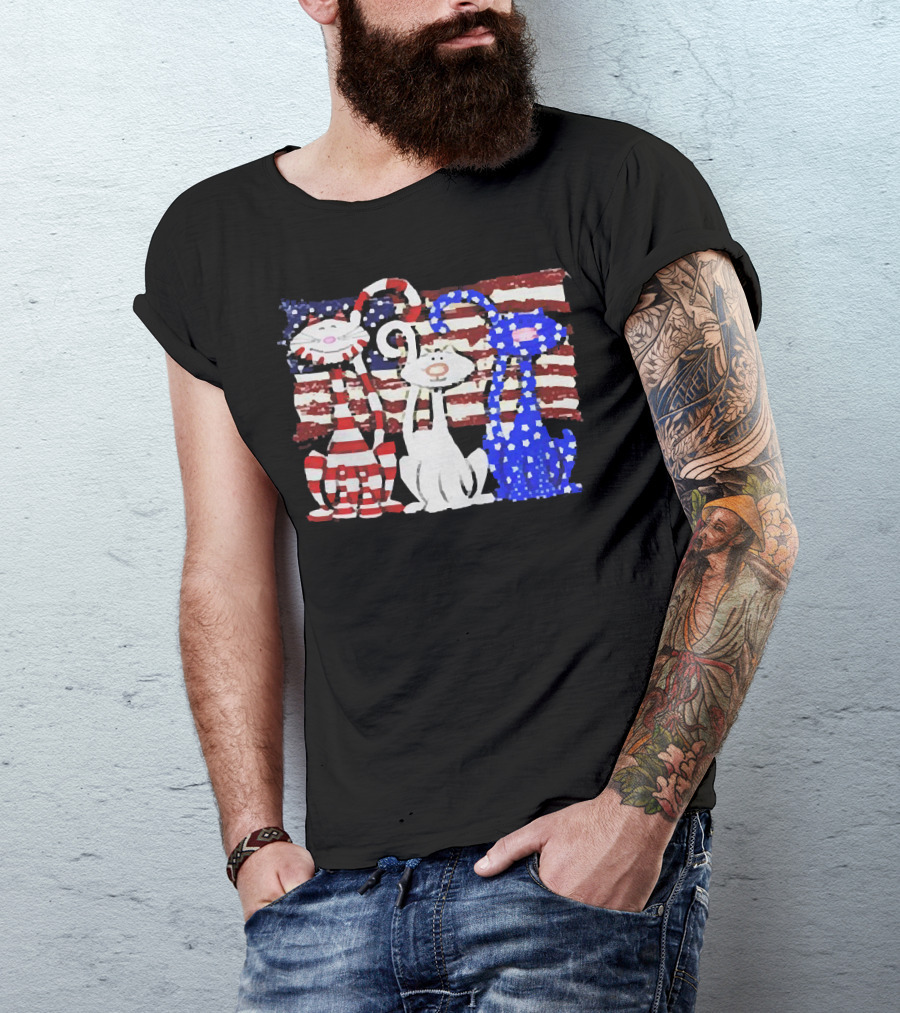 Cats With American Flag Stripes Stars Independence Day Veteran U.S T-Shirt