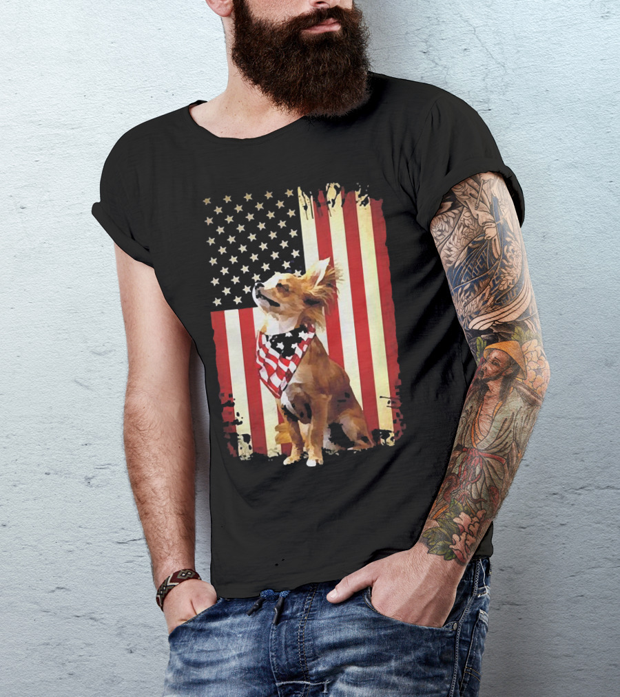 Patriotic Chihuahua With American Flag Background T-Shirt