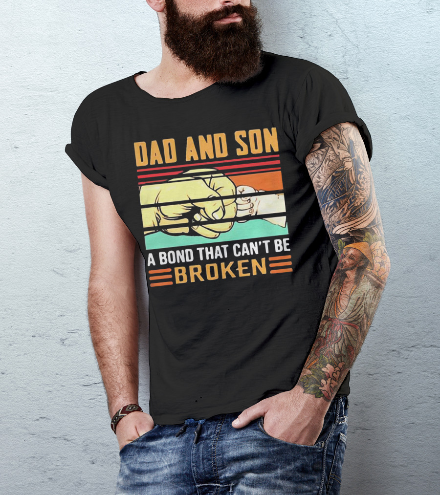 Dad And Son A Bond That Can't Be Broken Fist Bump Retro Stripes T-Shirt