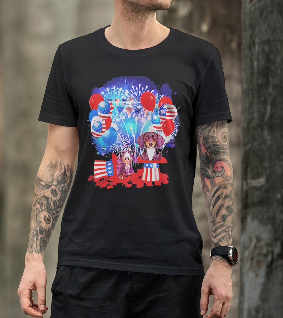 Dachshund American Flag Fireworks Balloons Independence Day T-Shirt