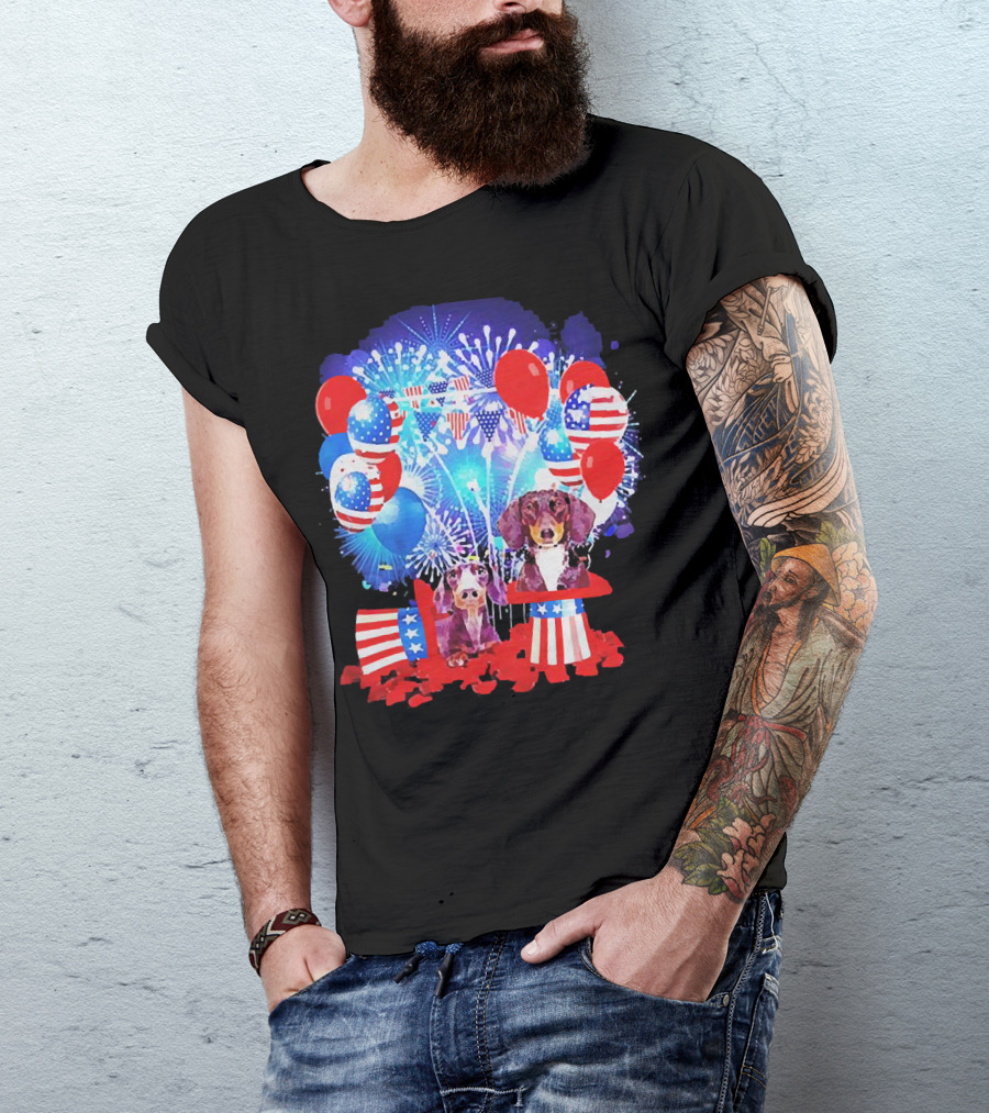 Dachshund American Flag Fireworks Balloons Independence Day T-Shirt