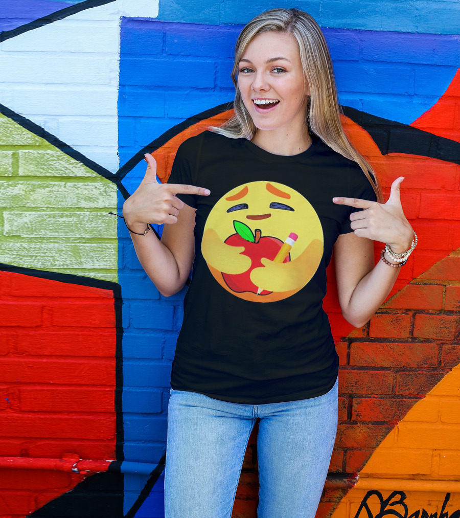 Teacher Care Emoji Hugging Apple And Pencil T-Shirt