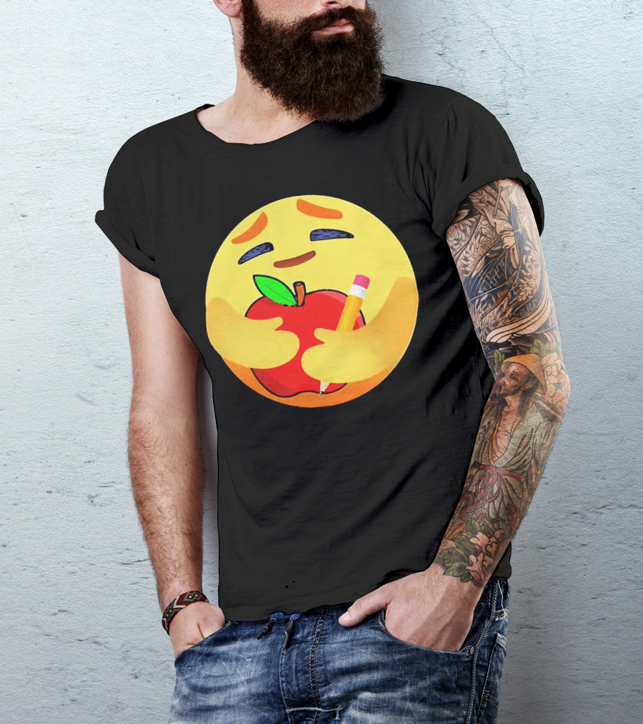 Teacher Care Emoji Hugging Apple And Pencil T-Shirt