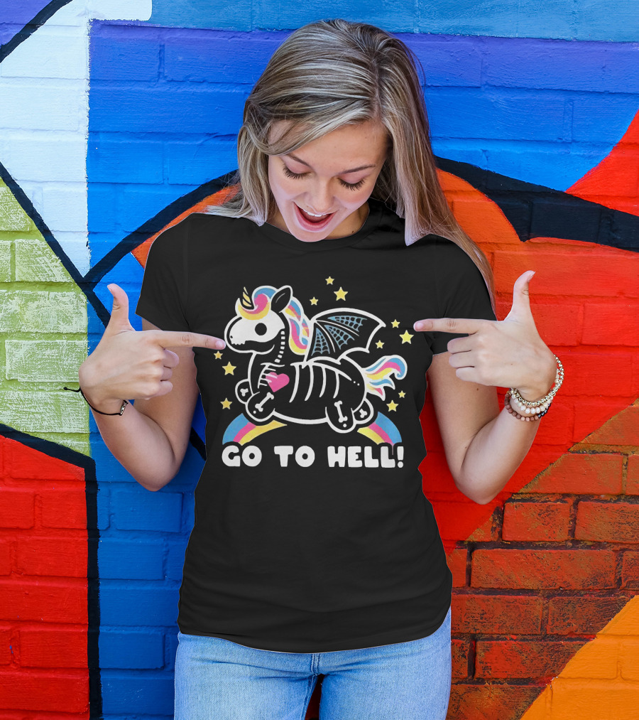 Unicorn Go To Hell Colorful Skeleton Bat Wings Rainbow Stars T-Shirt