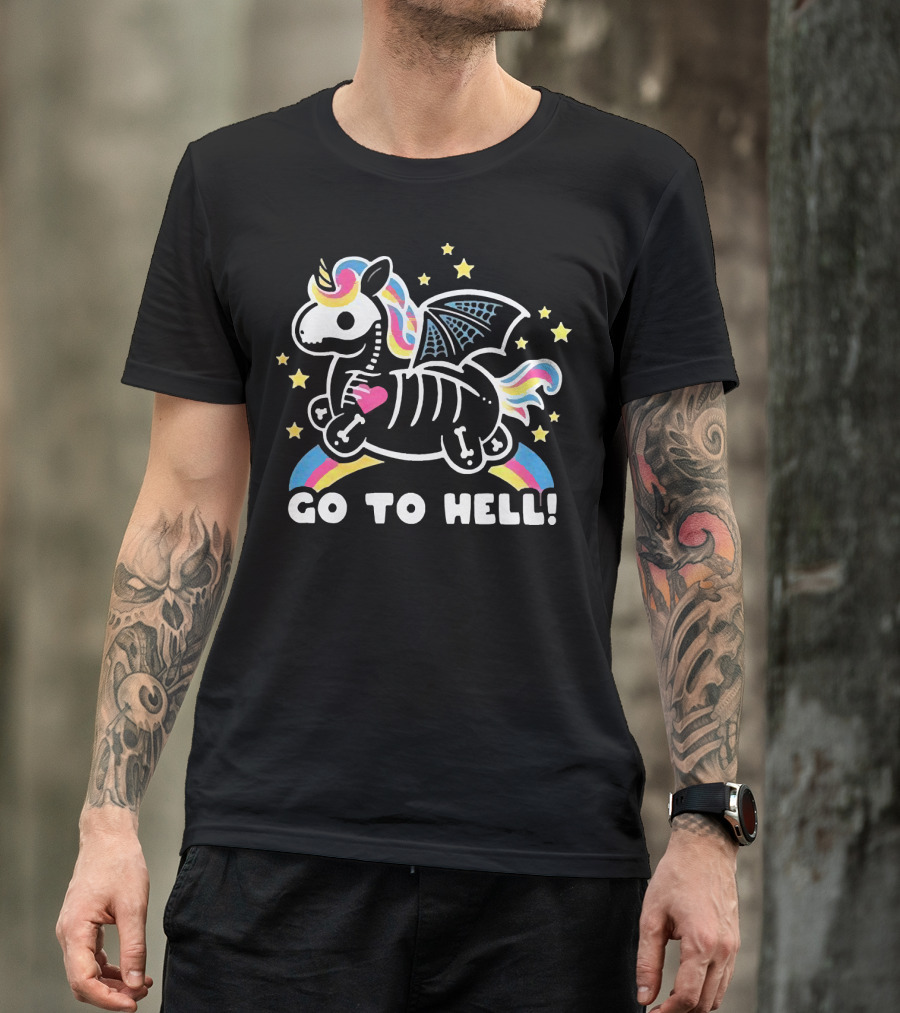Unicorn Go To Hell Colorful Skeleton Bat Wings Rainbow Stars T-Shirt