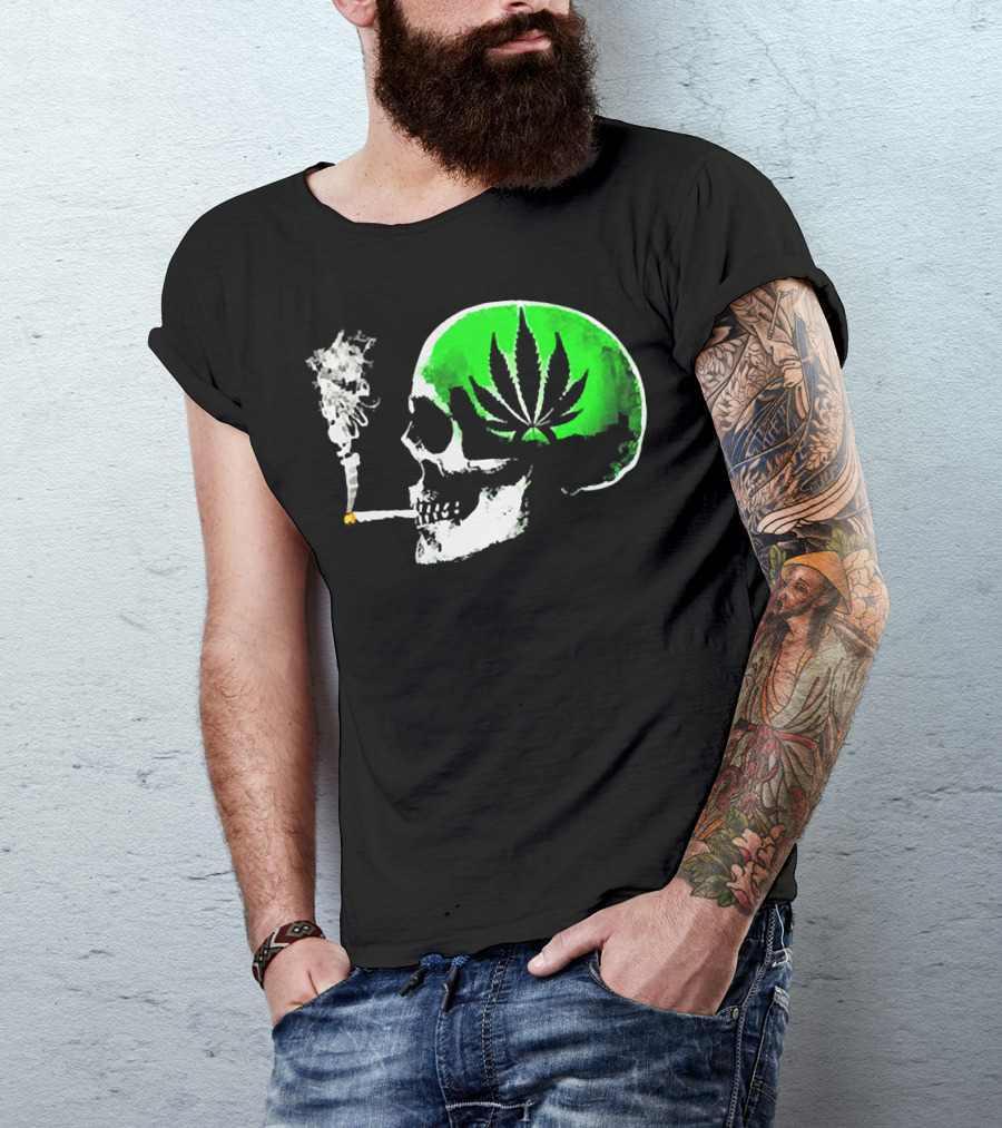 Weed Leaves Skull Smoking Joint Green Marijuana T-Shirt