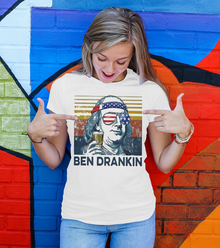 Ben Drankin Beer American Flag Sunglasses Patriotic Benjamin Franklin T-Shirt
