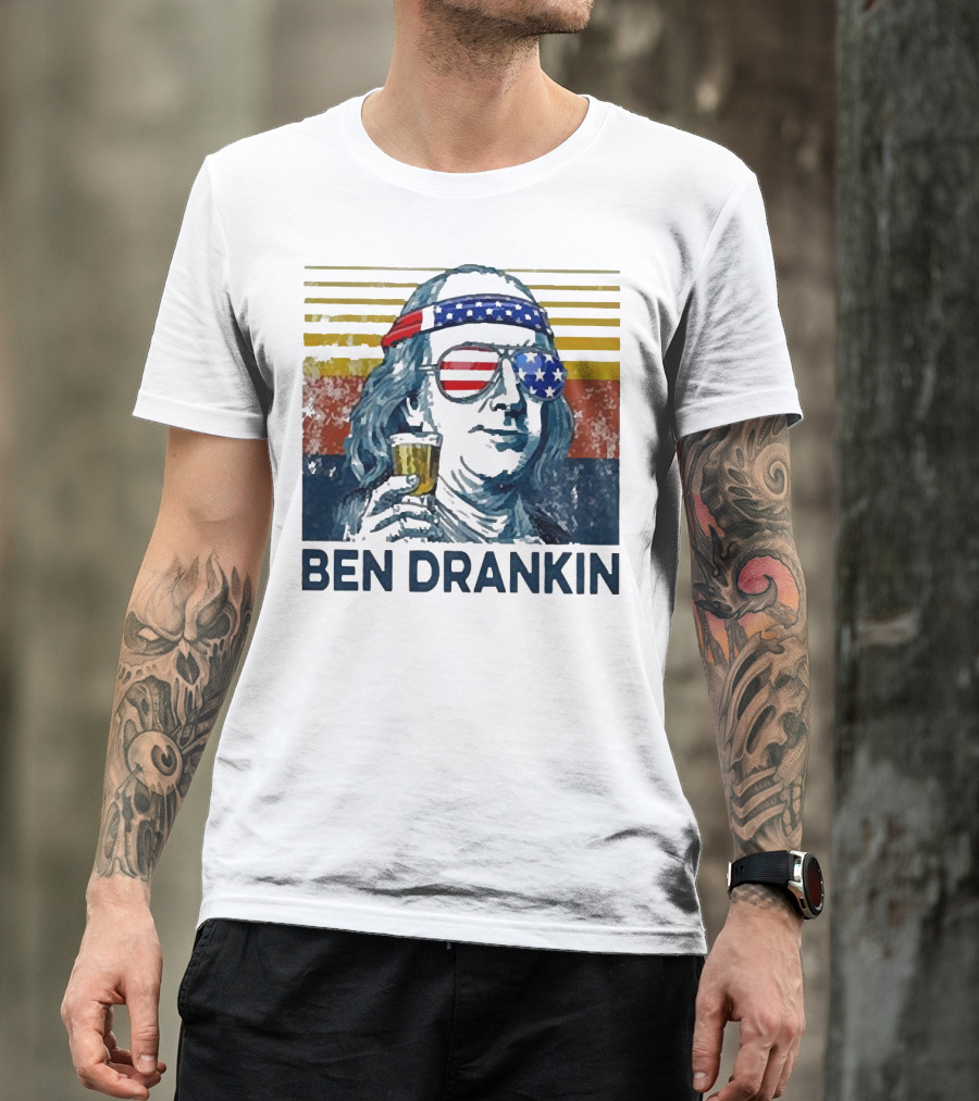 Ben Drankin Beer American Flag Sunglasses Patriotic Benjamin Franklin T-Shirt