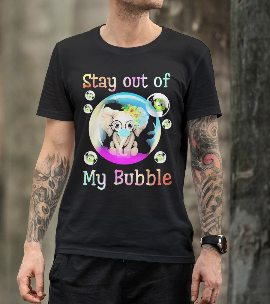 Stay Out Of My Bubble Elephant Cartoon With Face Mask And Virus Icons T-Shirt
