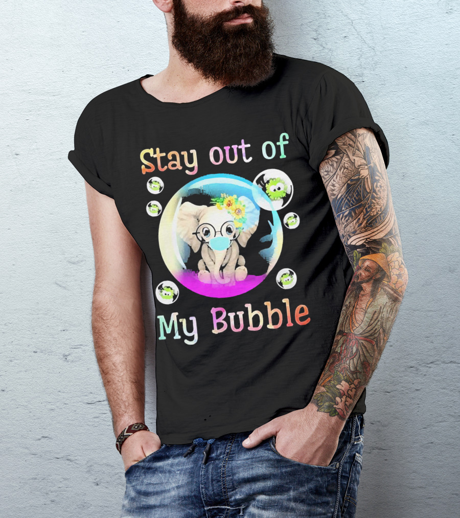 Stay Out Of My Bubble Elephant Cartoon With Face Mask And Virus Icons T-Shirt