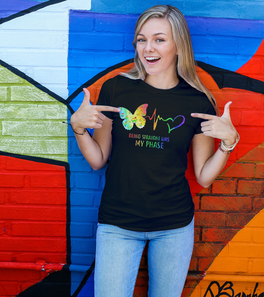 Being Straight Was My Phase Heartbeat Butterfly Rainbow T-Shirt