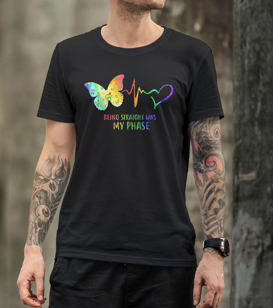 Being Straight Was My Phase Heartbeat Butterfly Rainbow T-Shirt