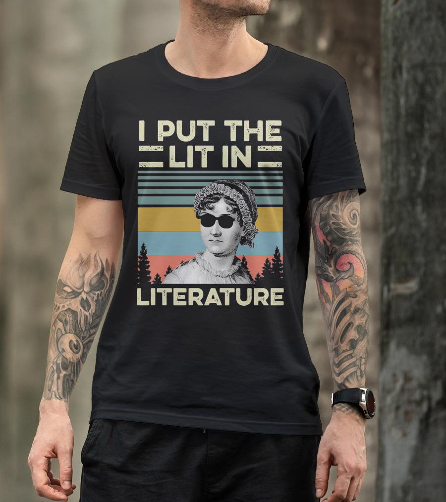 I Put The Lit In Literature Jane Austen Vintage Sunglasses Retro Forest Stripes T-Shirt