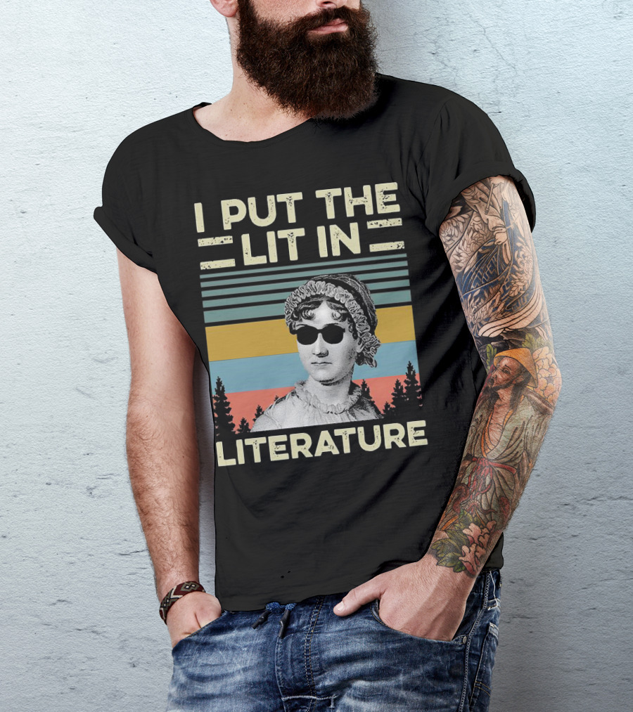 I Put The Lit In Literature Jane Austen Vintage Sunglasses Retro Forest Stripes T-Shirt