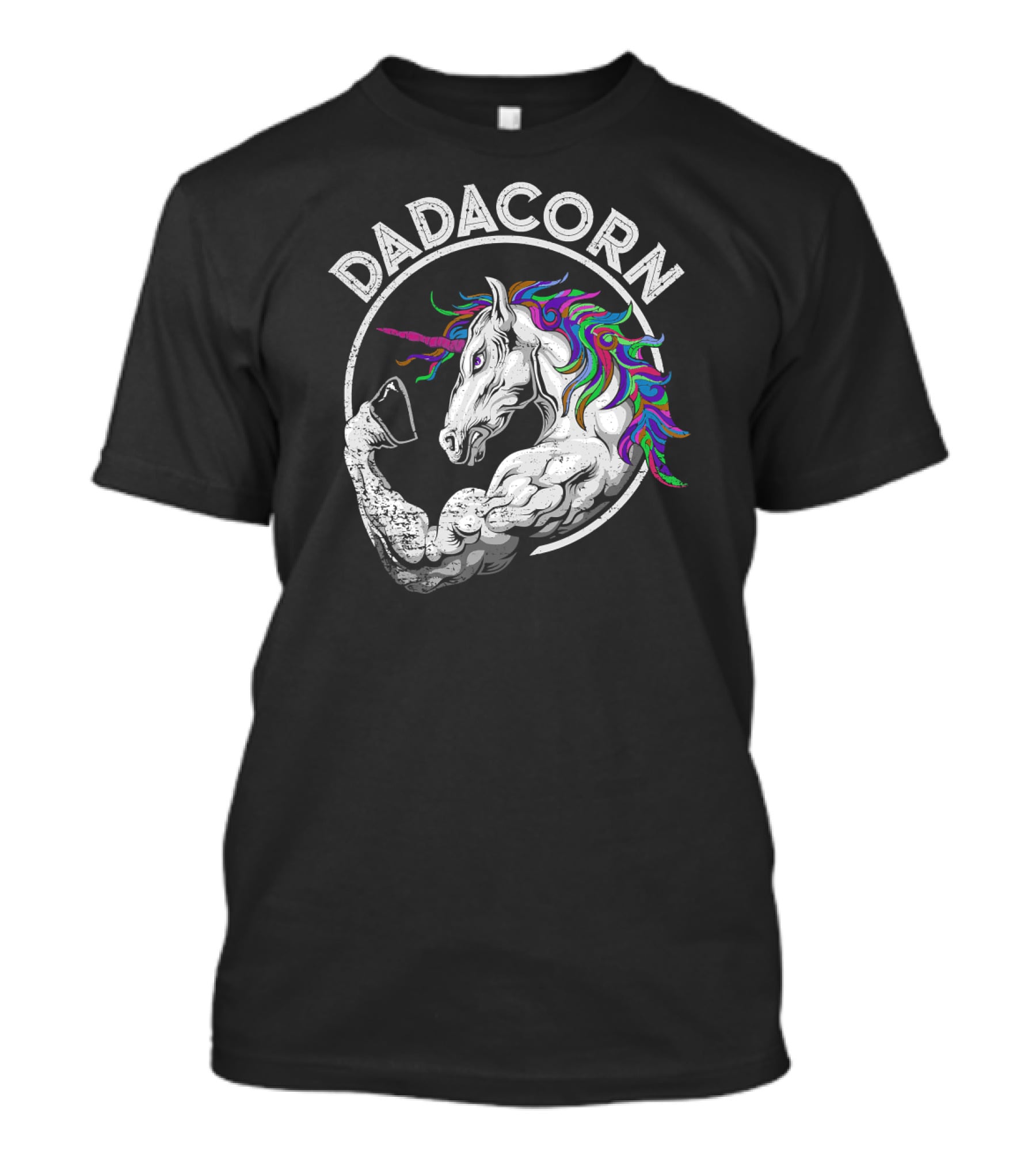 Dadacorn Muscle Unicorn Flexing Rainbow Mane T-Shirt