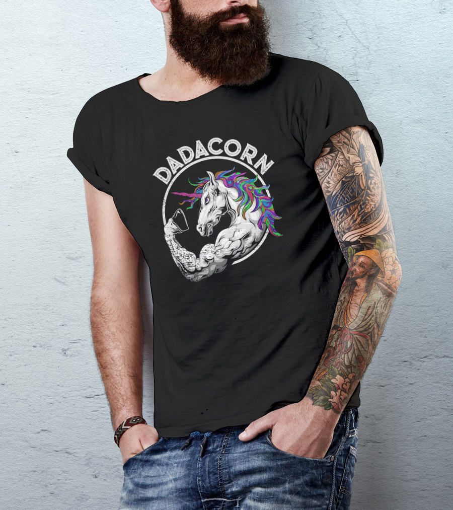 Dadacorn Muscle Unicorn Flexing Rainbow Mane T-Shirt