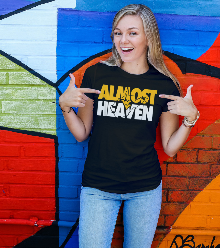 Almost Heaven West Virginia Bold Text With State Silhouette And Mountain Elements T-Shirt