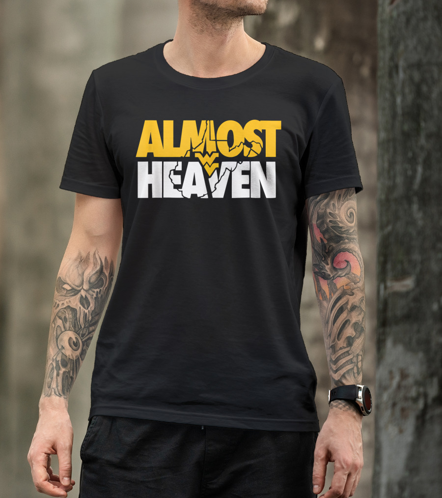 Almost Heaven West Virginia Bold Text With State Silhouette And Mountain Elements T-Shirt