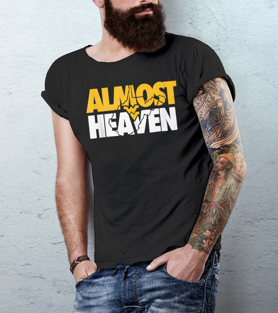 Almost Heaven West Virginia Bold Text With State Silhouette And Mountain Elements T-Shirt