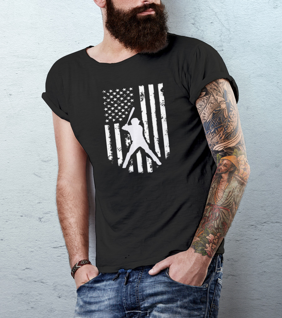 American USA Flag Distressed Baseball Player Hooded Top T-Shirt