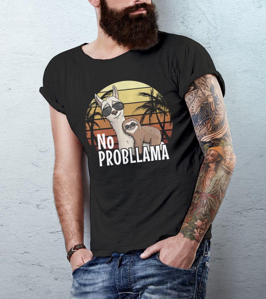Retro Sunset Style Sloth Riding Llama With Sunglasses No ProbLlama T-Shirt